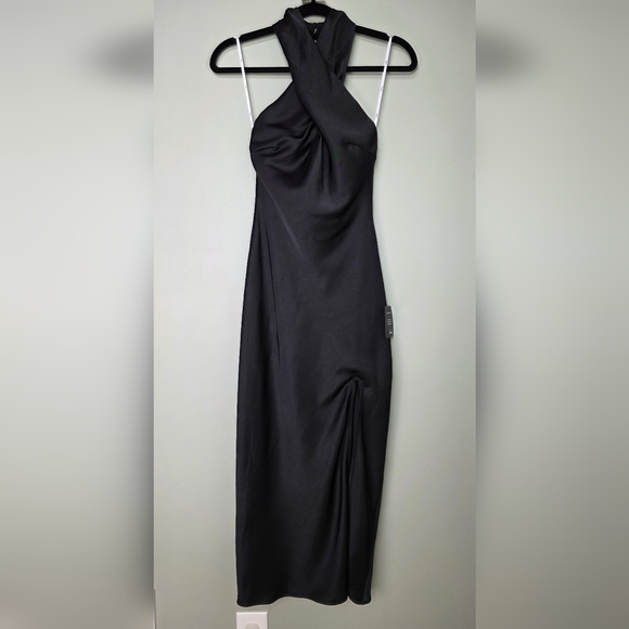 Lulus Beyond Classy Black Satin Backless Keyhole Halter Midi Dress - Picture 4 of 13